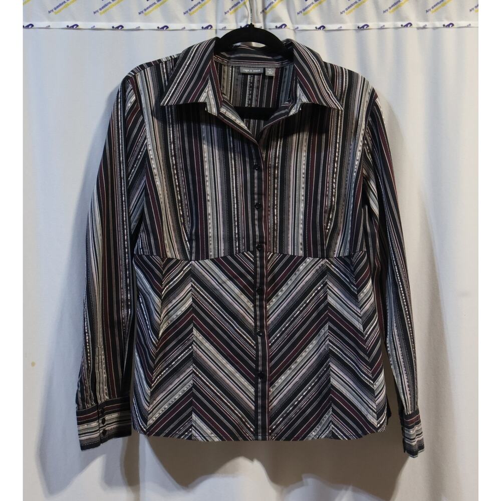 Apt. 9 Stretch Womens Casual Button Up Shirt Striped Long Sleeves Large